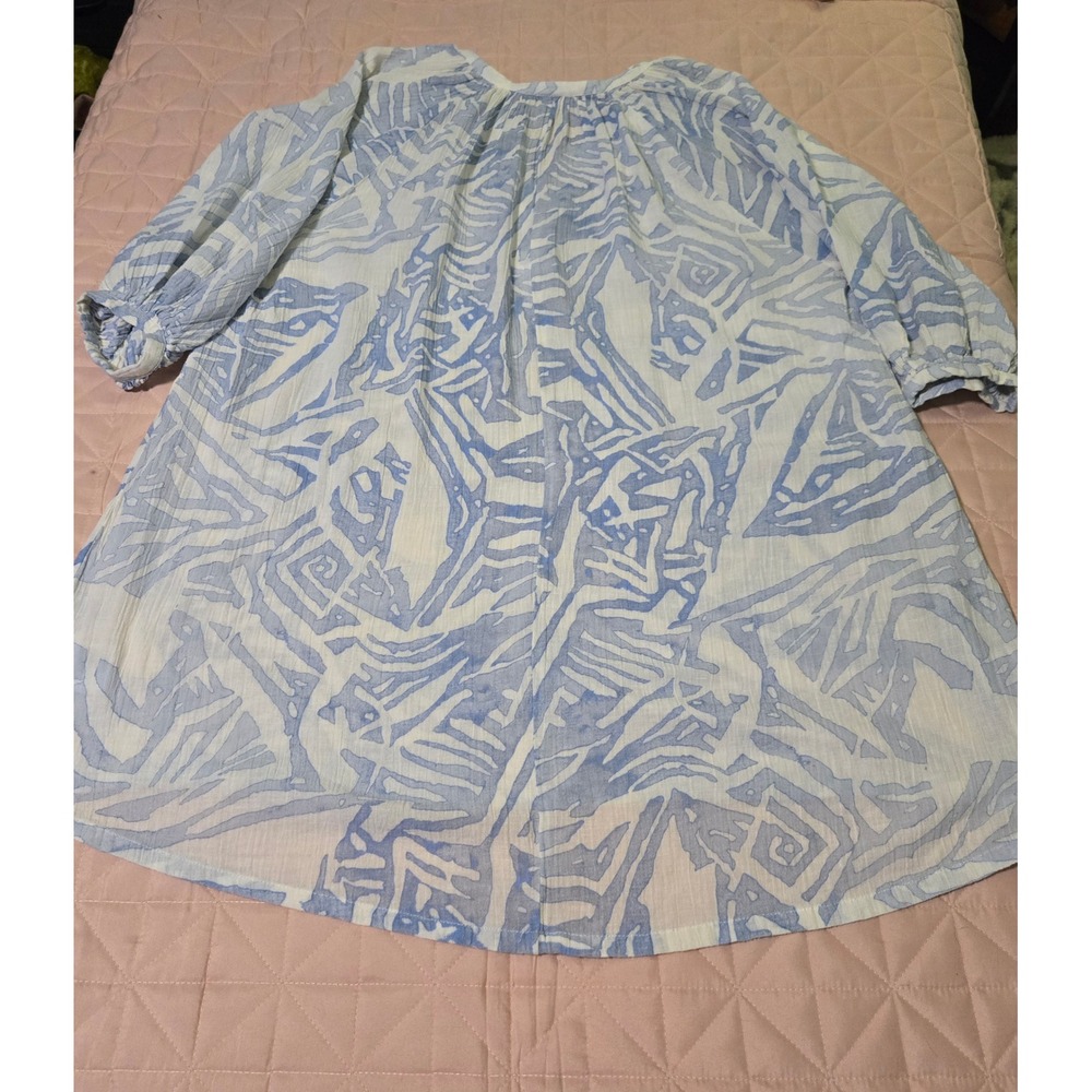 H&M Blue White Abstract Print Cotton Linen Tunic Top Oversized Blouse Medium - Picture 7 of 7